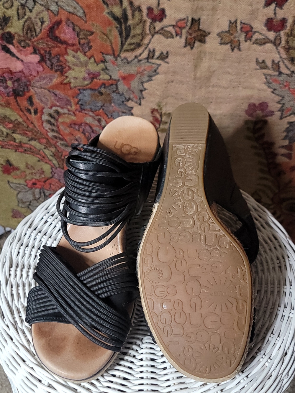 UGG Black Strappy Wedge Sandals | Boho Coastal Summer Platform Slides | Size 9 - Picture 2 of 5